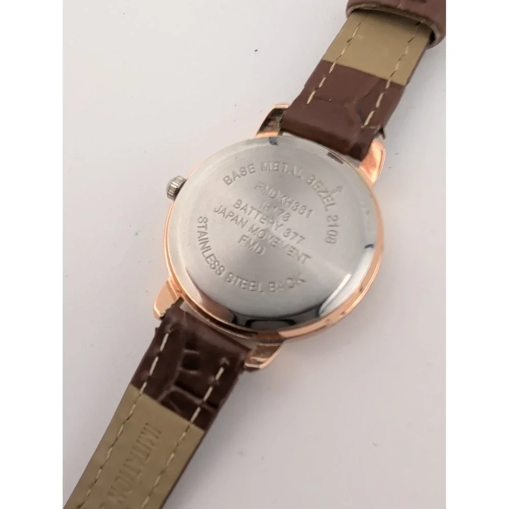 Women's Quartz Watch Rose Gold 28mm Case Brown Faux Leather Band- New Battery
